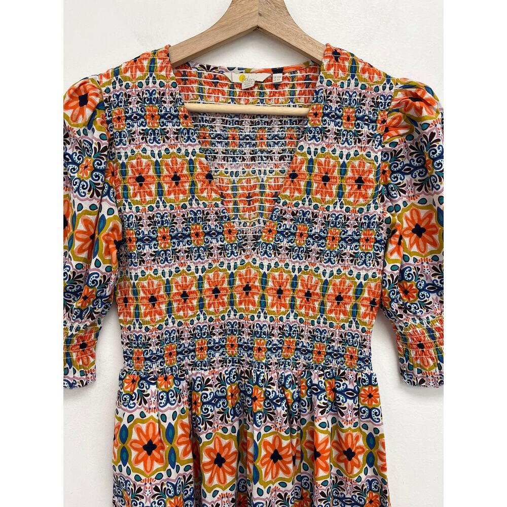 Boden Smocked Bodice Midi Dress Colorful Cute Tapestry Stripe Puff Sleeves US6 - Picture 7 of 13